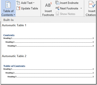 Automatic table of contents