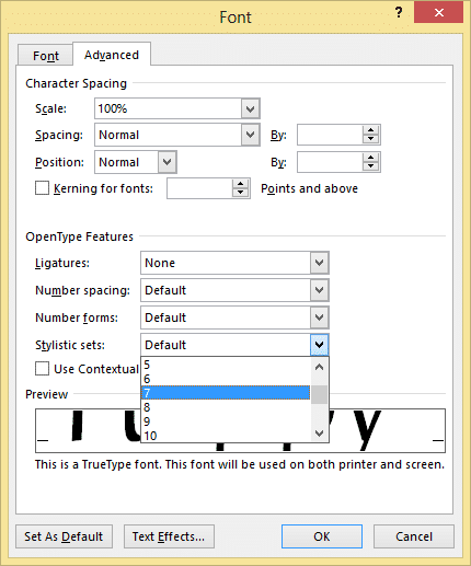 Advanced Font settings in Word 