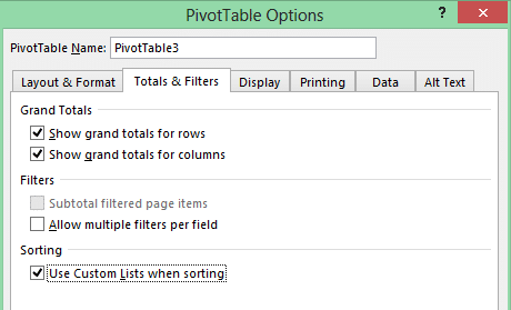 PivotTable options dialogue PivotTable options dialogue