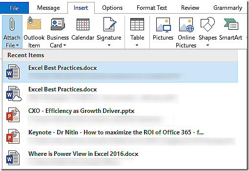 Insert Attachments - Recent files shown in Office 2016