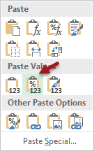 Right cliek menu for paste special values