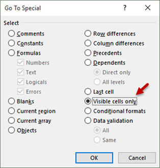 Go To Special Go To Special dialog with Visible Cells Only selected