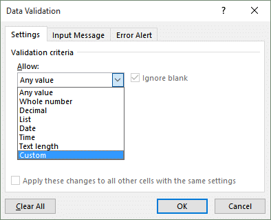 Options available under Data Validation in Excel