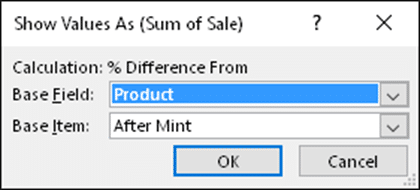 Pct Difference From - Base dialog