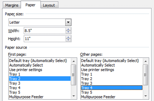 image special paper for first page - tray selection