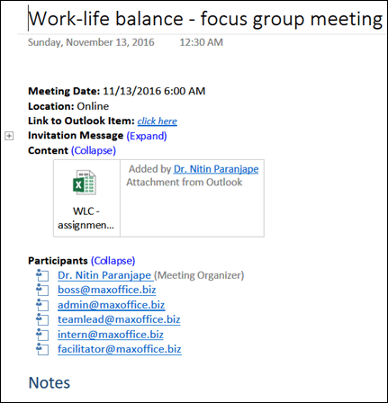 image OneNote In Attendance tag - meeting details in OneNote page