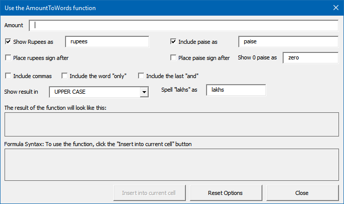 image Amount to Words - Syntax generation dialog