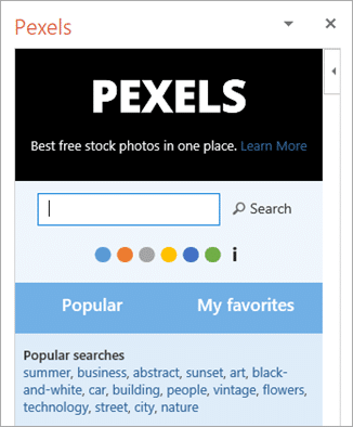 Pexel search dialog - no thumbnails are shown.