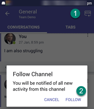 Follow the channel option on mobile app