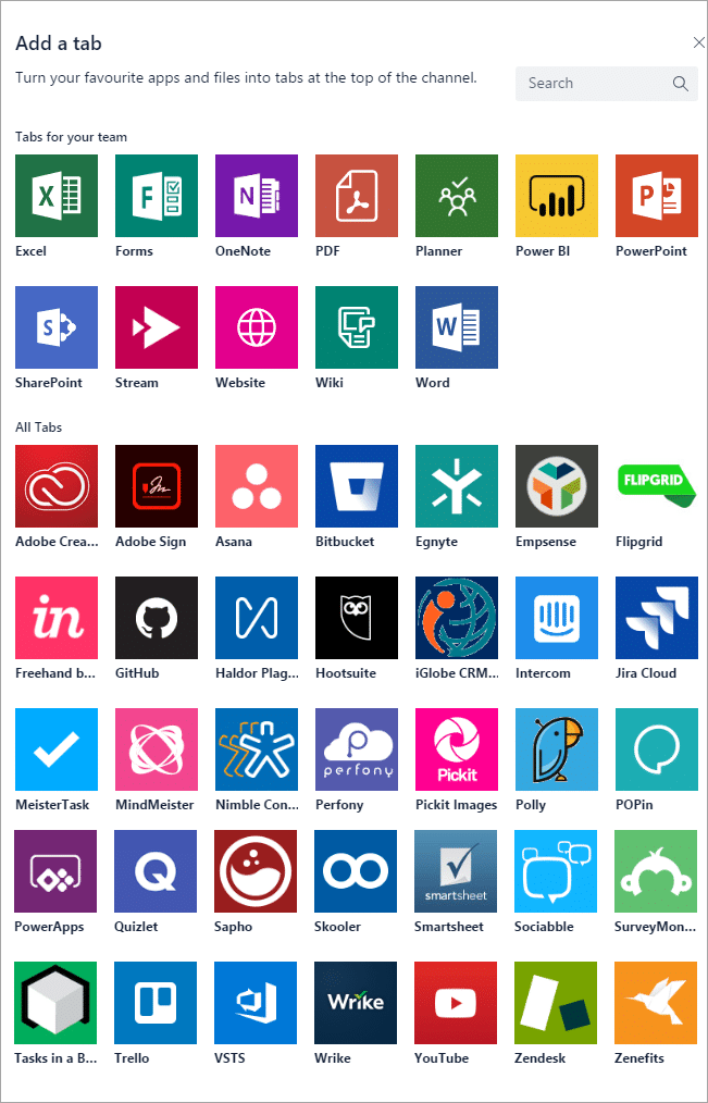 List of tab apps you can add to Teams