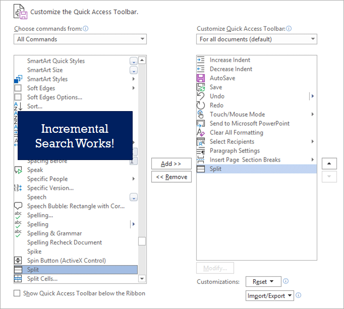 Incremental Search in QAT customization works.