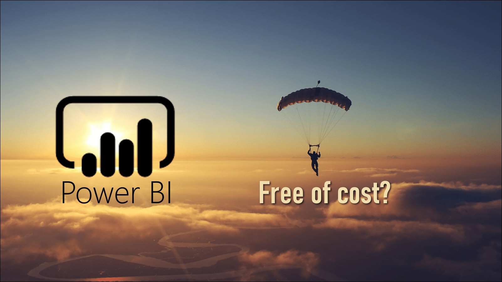 image Power BI free of cost poster showing the logo and a skydiver
