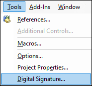 SNAGHTML2d544a3 VBA - Tools menu - Digital Signature option