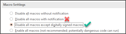 image stop macro viruses - Disable macros except digitally signed