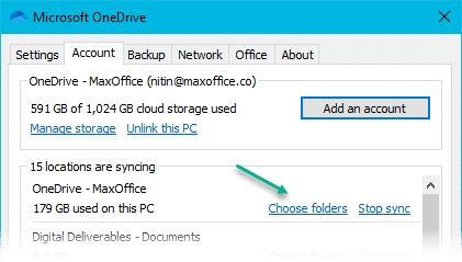 Choose folders in OneDrive dialog