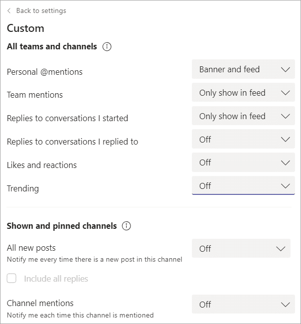 Teams and channels notifications