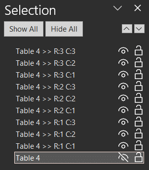 Selection pane showing original table and split table cells