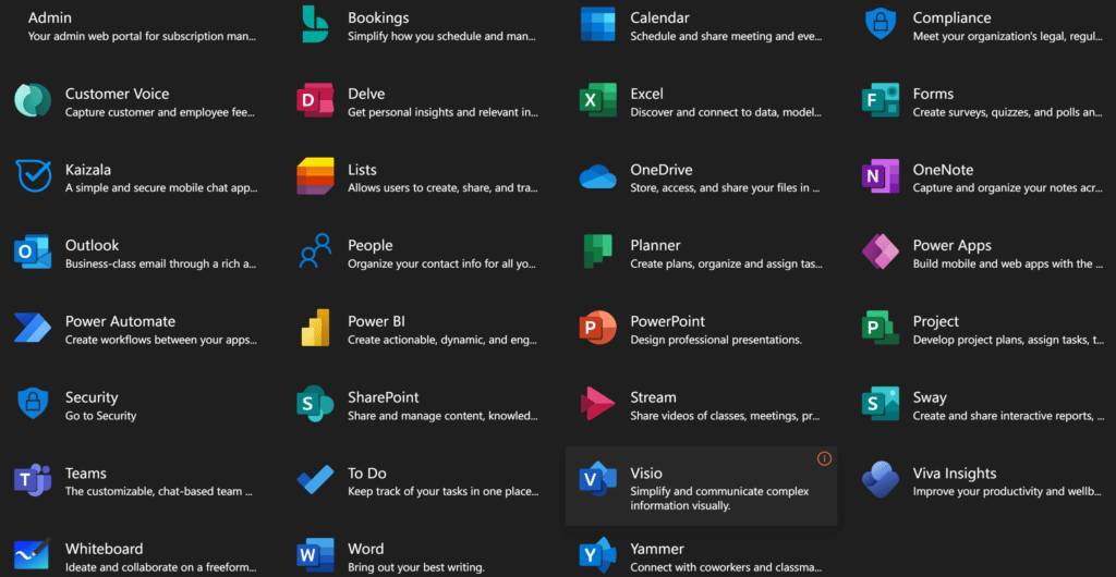 Locate Visio in App Apps under Office 365
